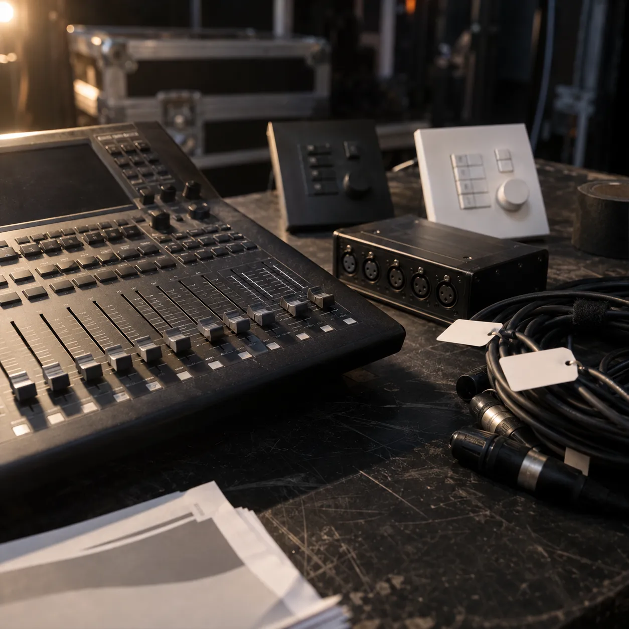 Lighting control desk with faders, DMX splitter, wall stations, cables, and spec sheets