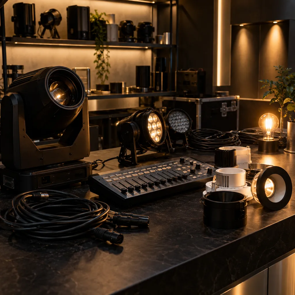 Lighting specification bench with stage fixtures, architectural downlights, cables, and controls