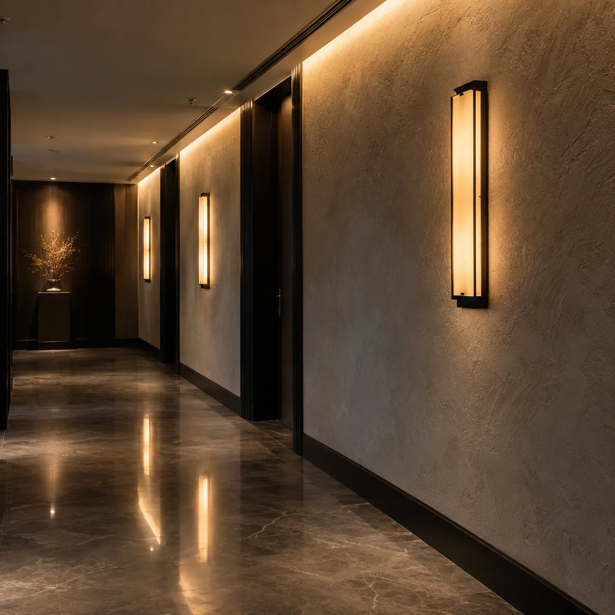 Hotel corridor with warm architectural sconces and linear wall wash lighting