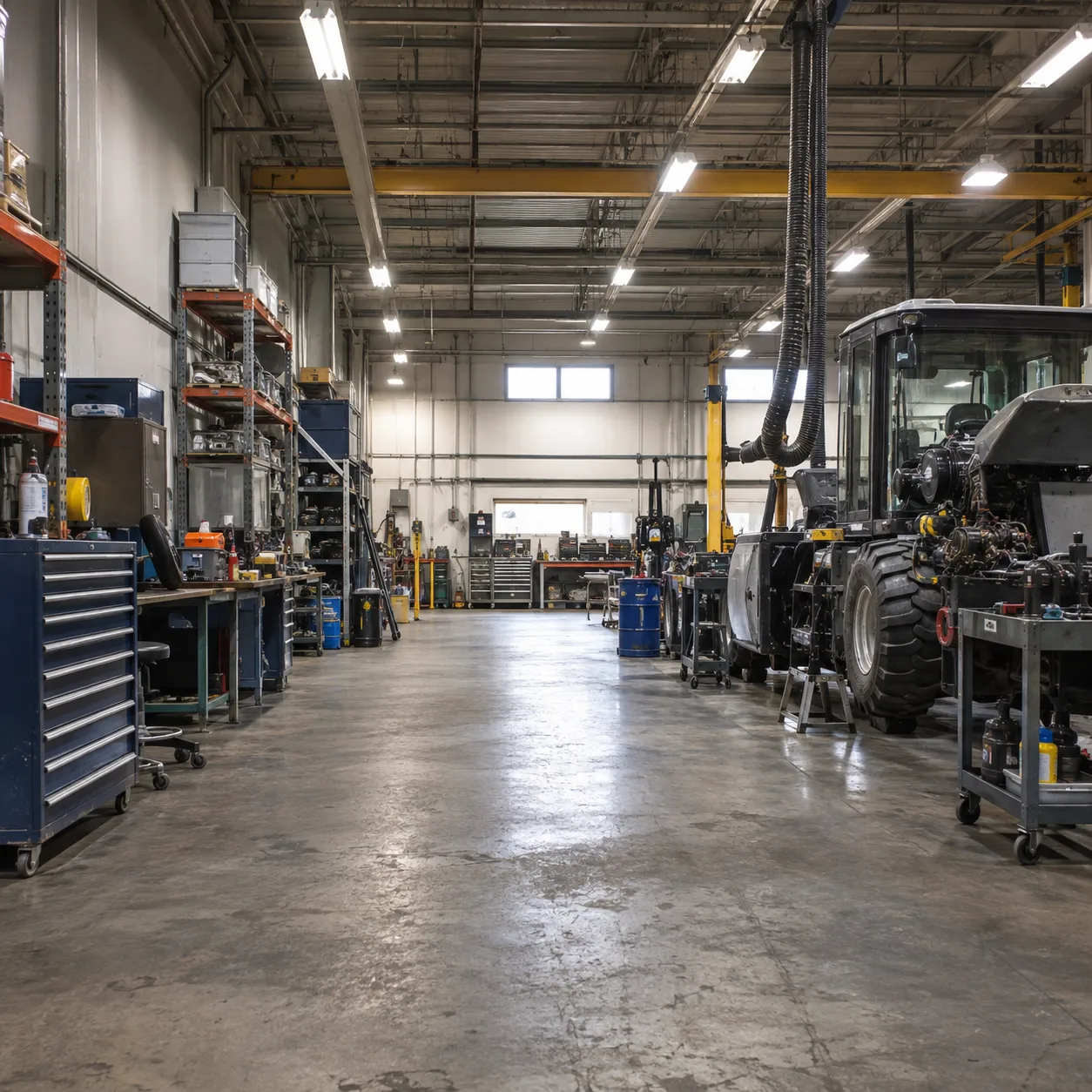 Industrial bay lit by high-bay and sealed linear fixtures