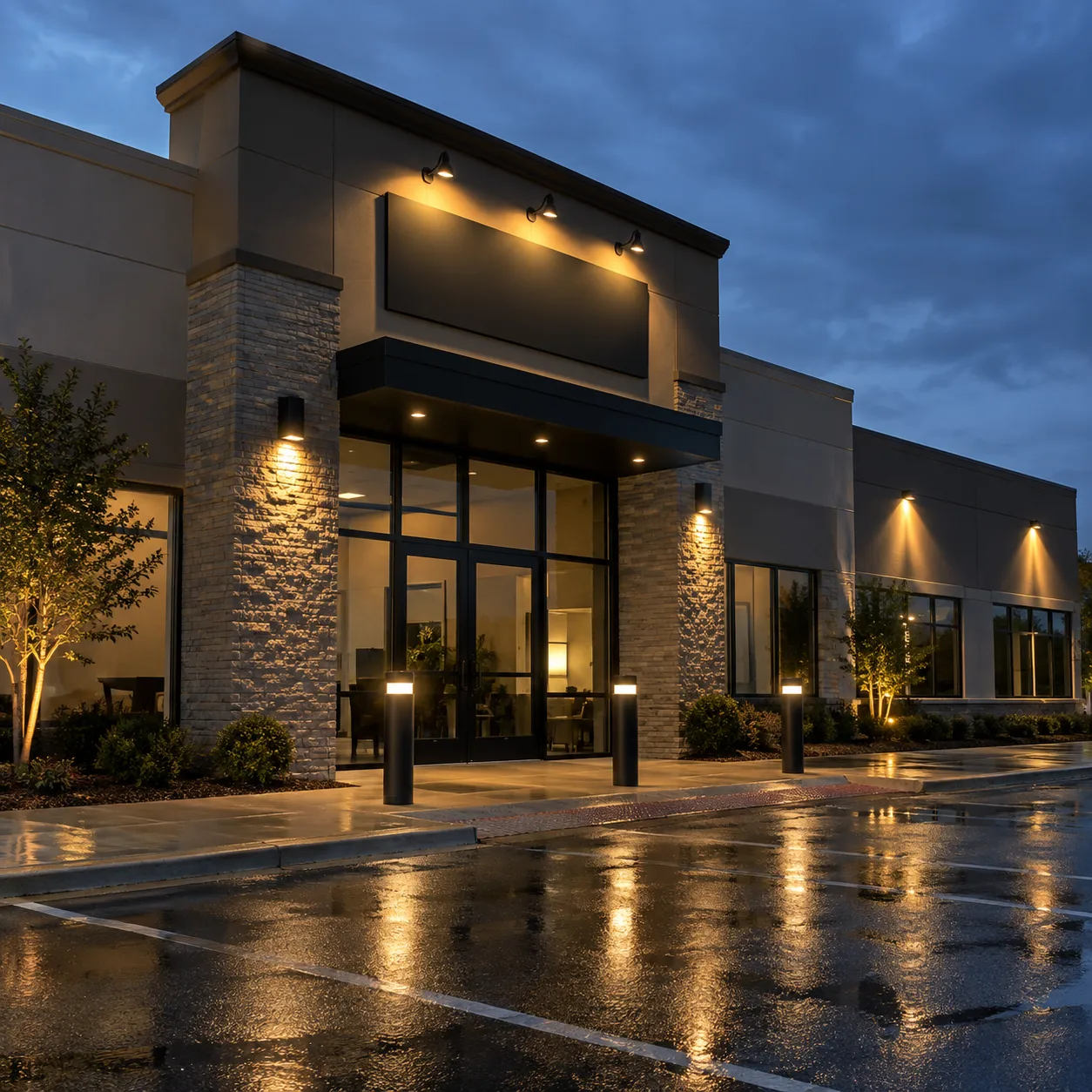 Commercial exterior with restrained facade, wall, bollard, and sign lighting