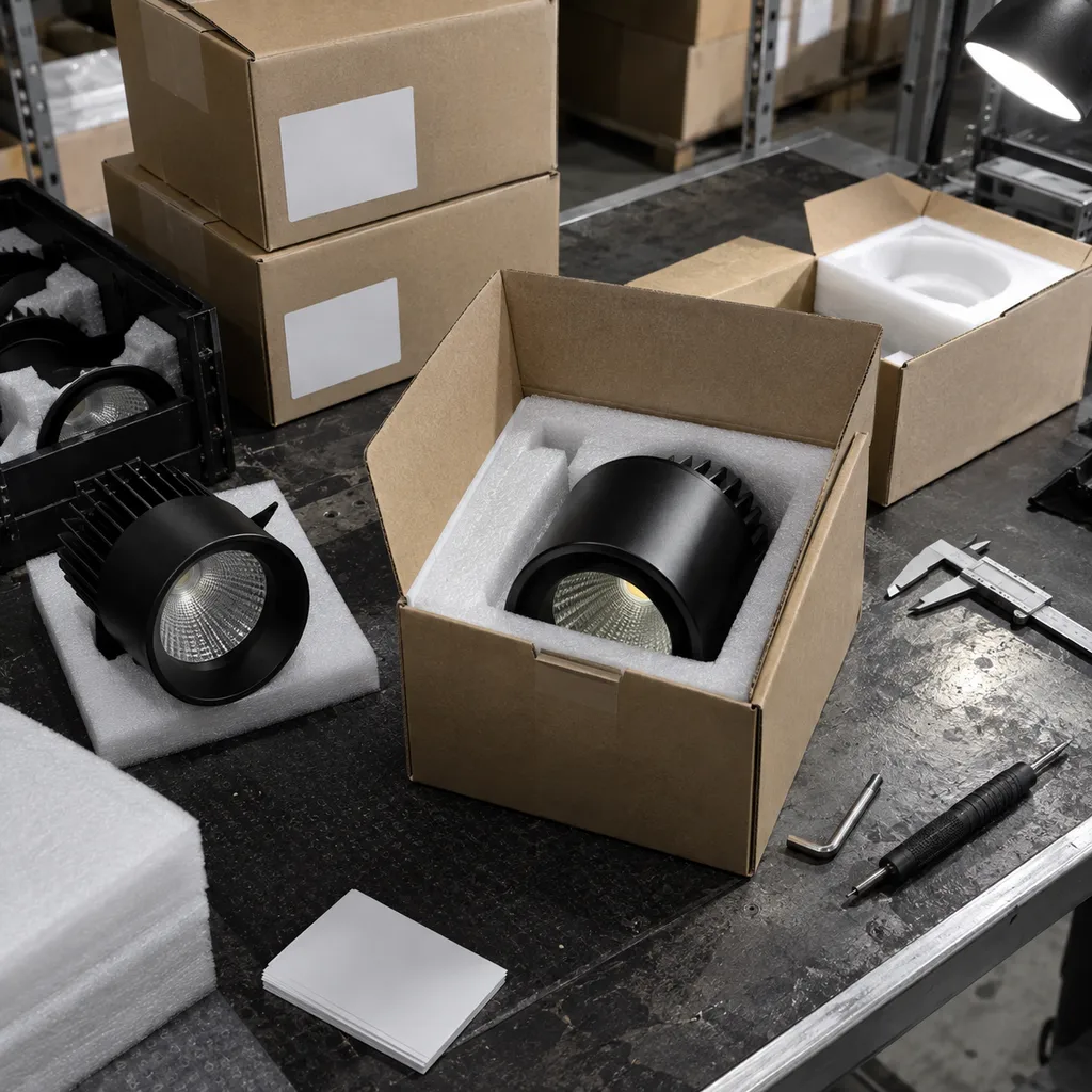 Packed lighting fixtures with foam inserts, cartons, labels, and inspection tools on a warehouse bench