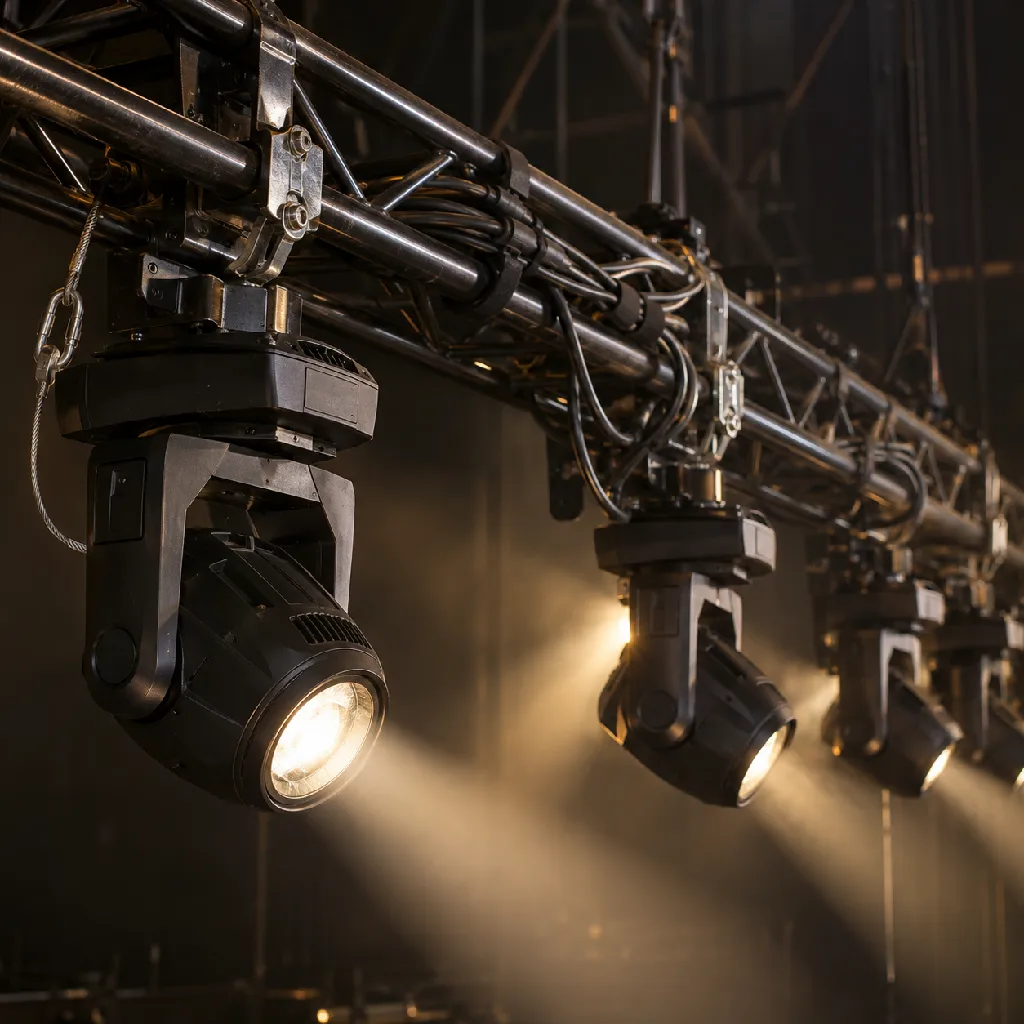 Close view of professional stage truss with fixtures, clamps, safety cables, and DMX runs